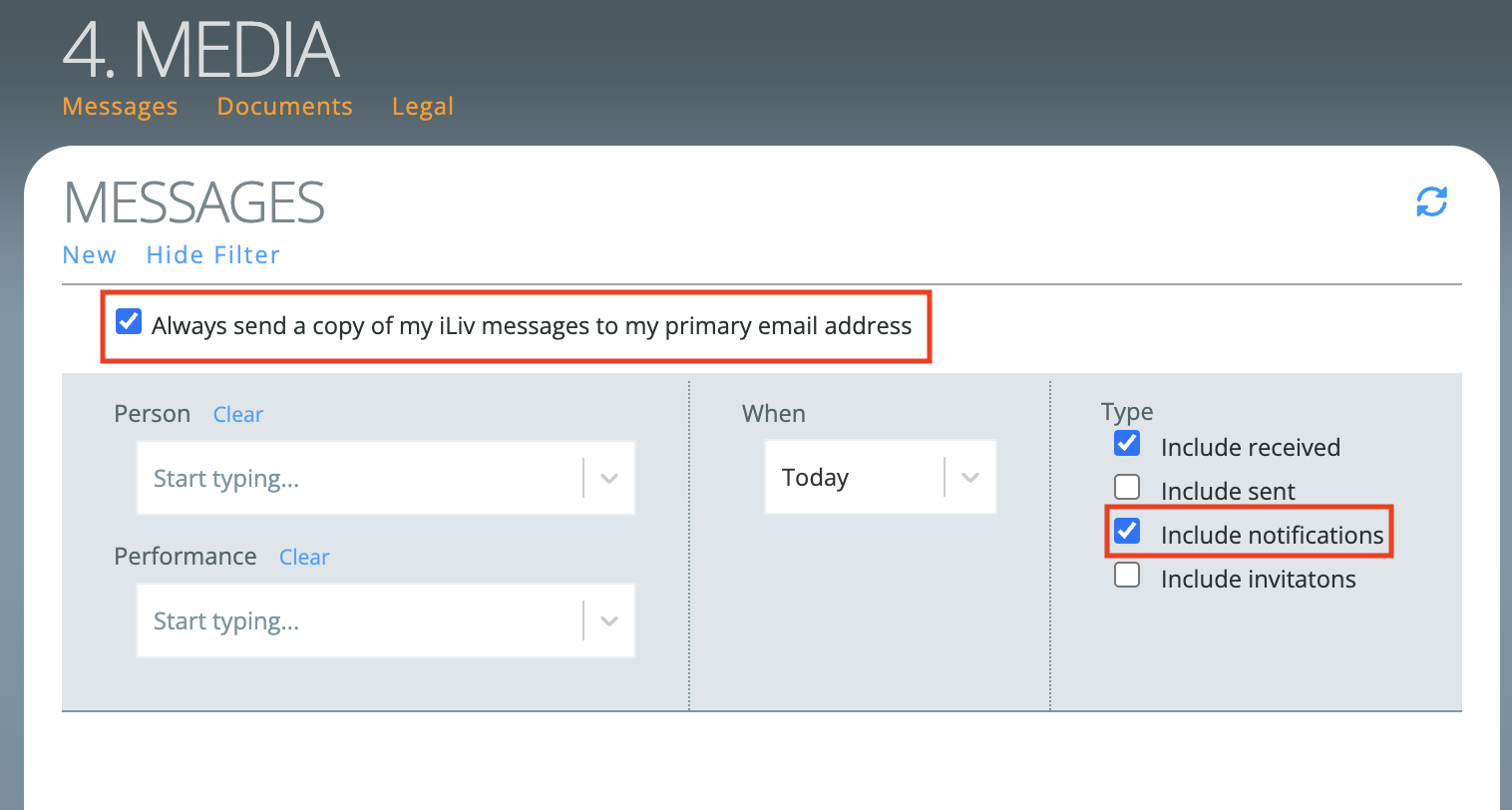 Messages pod header showing the email copy checkbox and "include notifications" checkbox
